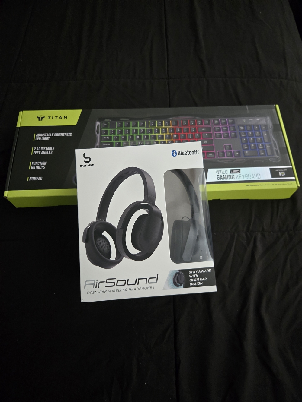 Open-Ear Wireless Headphones (Black) with Titan RGB Wired Gaming Keyboard